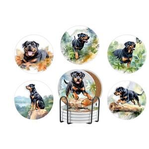 Rottweiler Rottie 6 PCS Ceramic Coasters with Cork Base & Holder NEW
